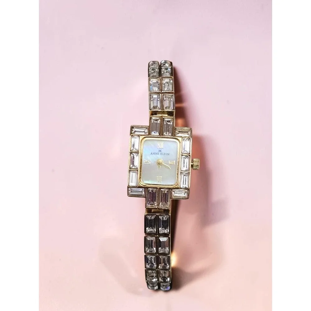 Vintage Anne Klein Women's Crystal Accented Gold Ladies Watch Opalescent